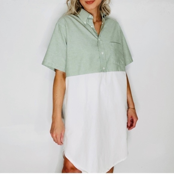 Poplin Patchwork Color Block Button Down Shirt Dress - Picture 1 of 7